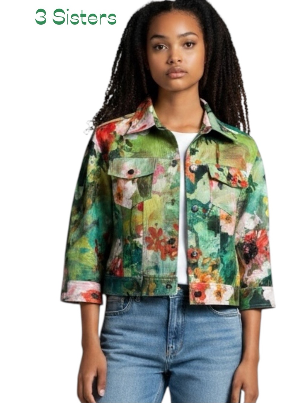 Anthropologie 3 Sisters Green Red Bold Floral Print Cropped Jacket NWOT